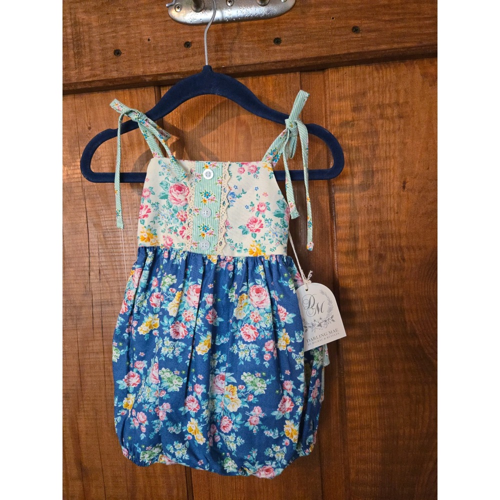 Darling Mae Ricrac & Ruffles Floral Bubble Romper Blue Cream 6-9 Months NWT